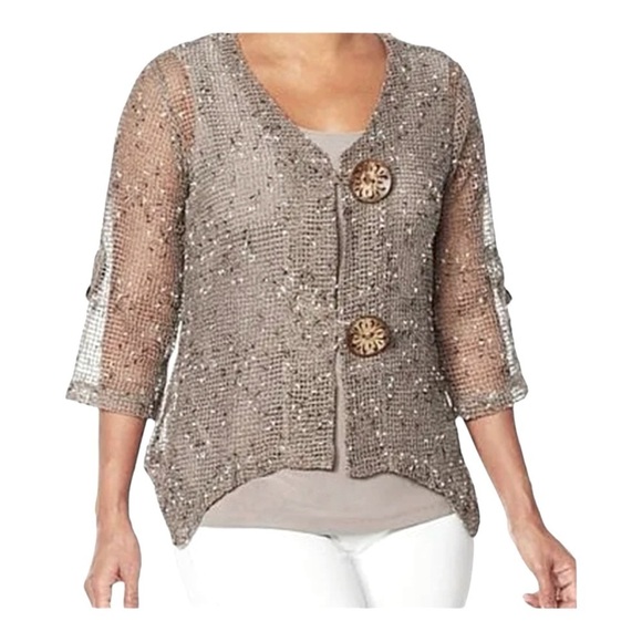 Nina Leonard Mocha Brown Coconut Button Knit Bolero Cardigan size XL - Picture 1 of 10